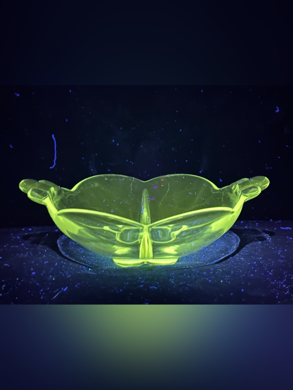 Vintage Divided Glass Relish Dish Flower Base UV Reactive Manganese Glow 365nm